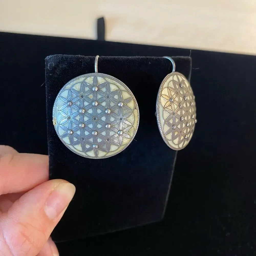 Vintage Enamel Flower of Life Agatha Paris Clip-on Earrings